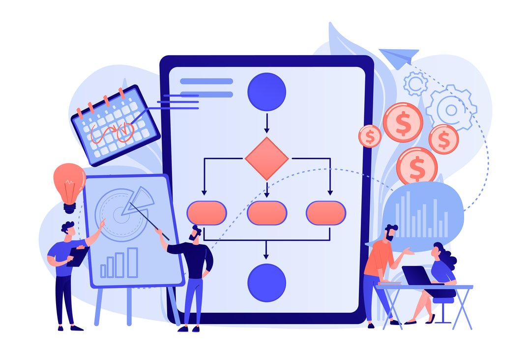 fluxo de trabalho: ilustração de equipe trabalhando com fluxo de atividades