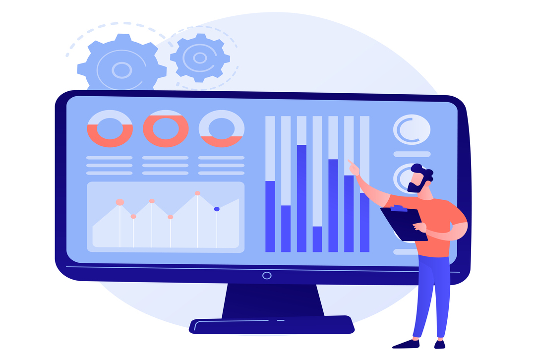 Indicadores de desempenho: animação de um homem, aponta para gráficos em uma grande tela de computador.
